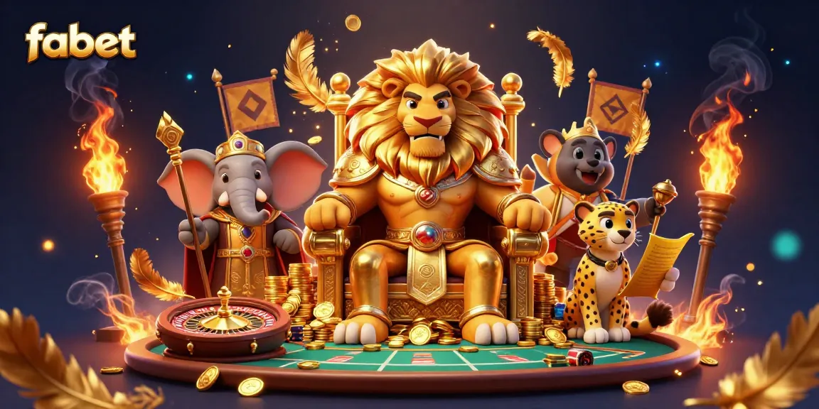 Experience exciting gaming at fabet, featuring a lion king, elephant advisor, and cheetah messenger in a vibrant casino scene.