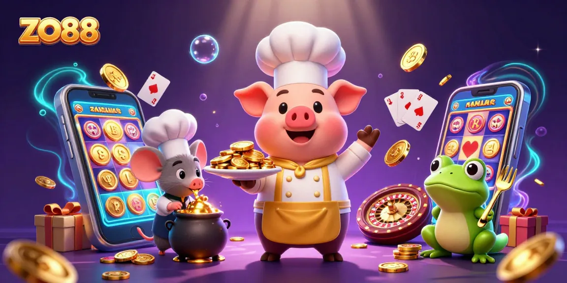 ZO88 engages players with thrilling slot games and casino experiences in this vibrant illustration.