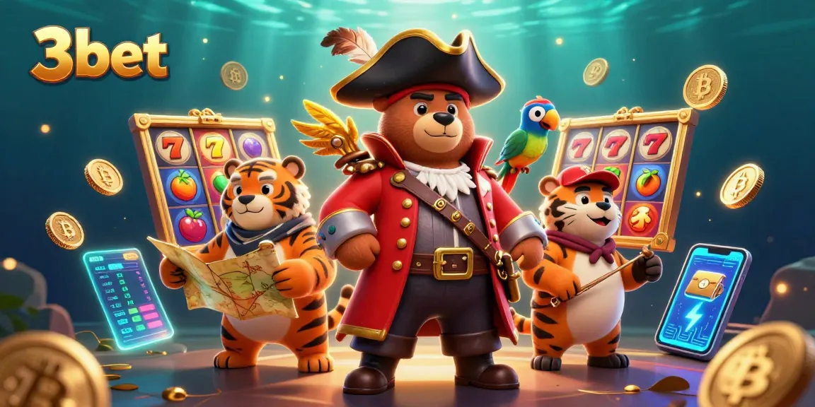 Experience the thrill of 3bet slots with pirate-themed characters amidst vibrant jackpot reels and crypto elements.