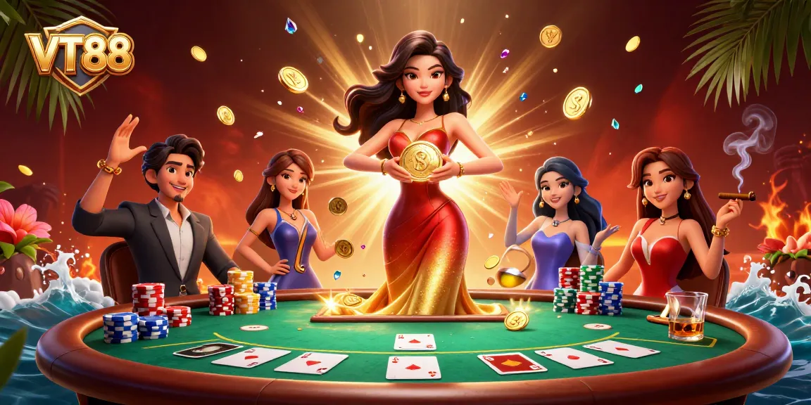 Experience big wins with VT88 while enjoying a vibrant casino atmosphere filled with poker elements and golden coins.