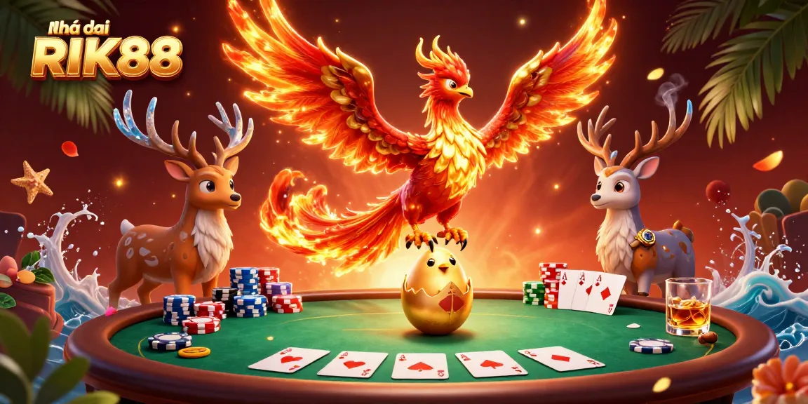 Engage in thrilling games at Nhà cái RIK88 with a vibrant 3D casino illustration featuring dynamic poker action.