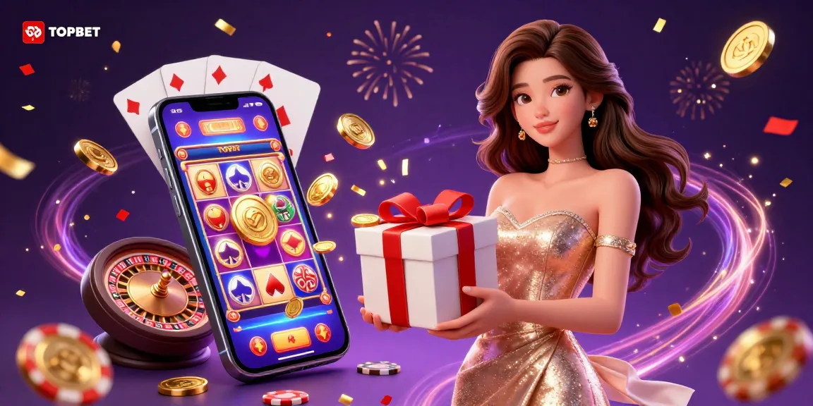 Engage with TOPBET's vibrant casino scene, featuring golden coins and colorful slot games.
