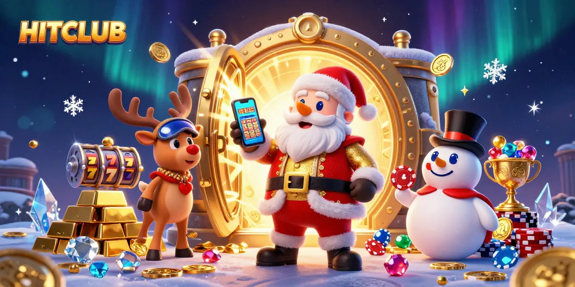 Engage with HITCLUB's festive casino scene, showcasing Santa and friends celebrating jackpots.