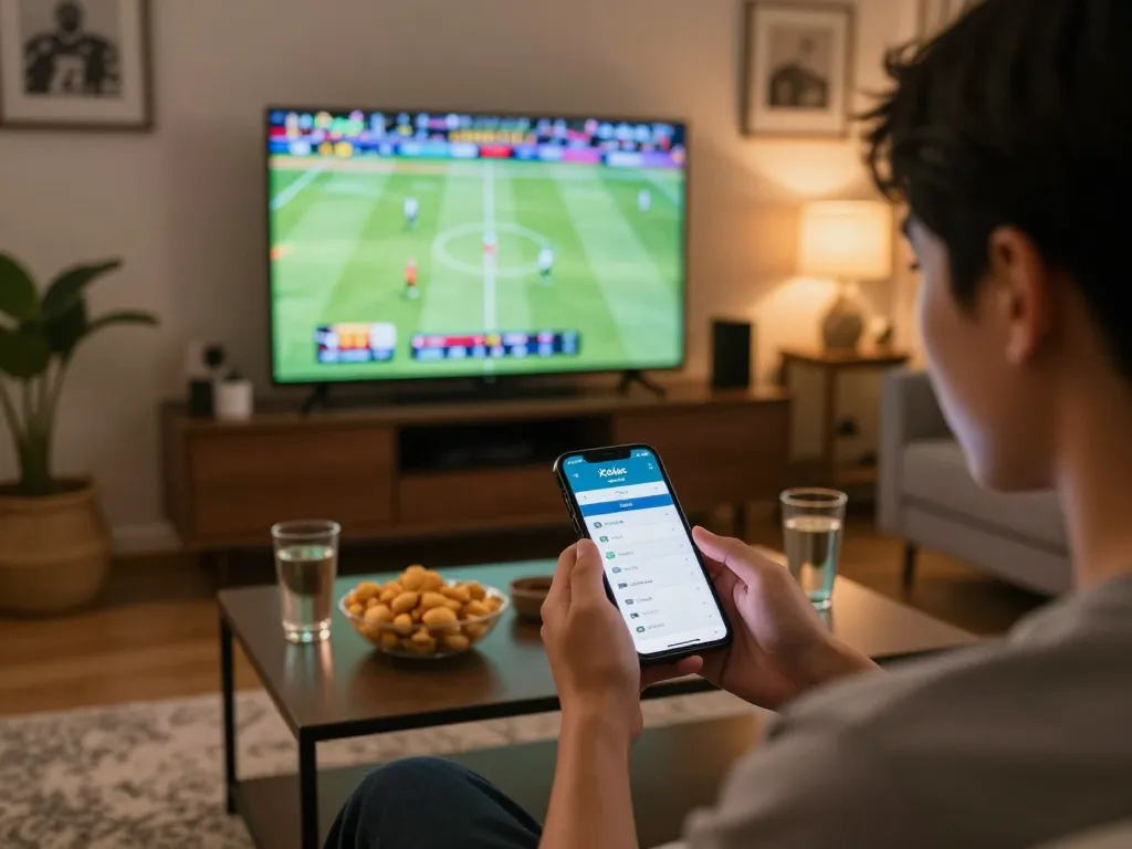 Xoilac app user placing live sports bets on smartphone during game night.
