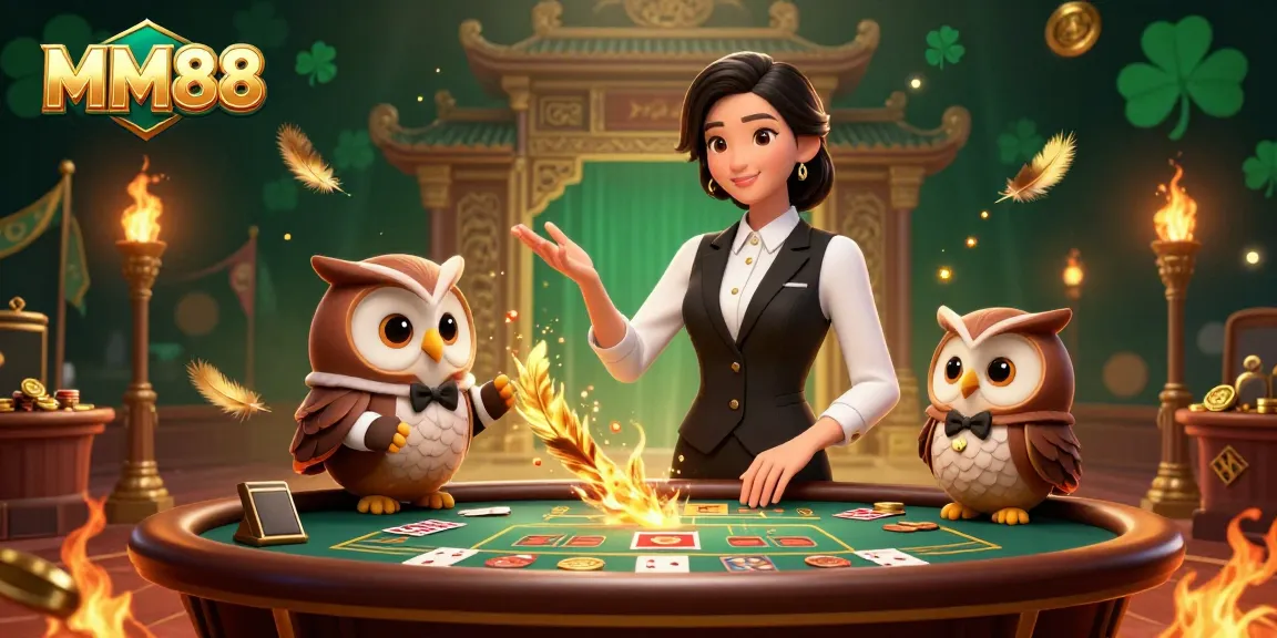 Experience the excitement of MM88 with an engaging casino illustration featuring a dealer at a baccarat table.
