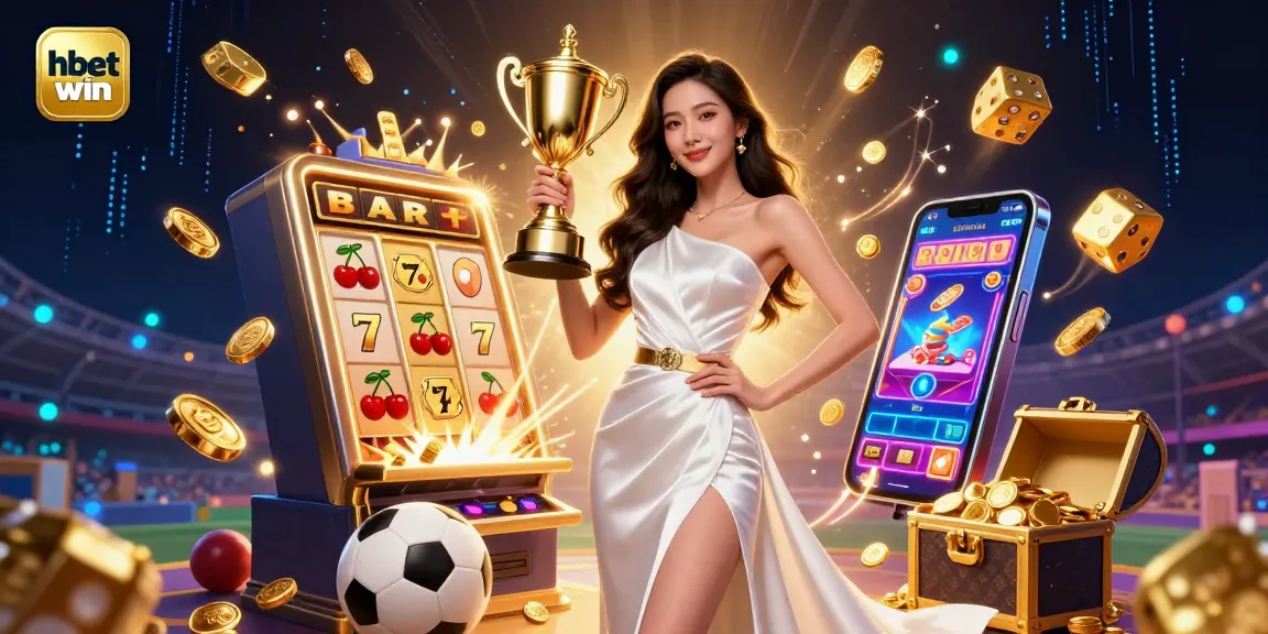 Experience hbet win with a victorious Asian woman in a stunning gown amidst vibrant casino elements.