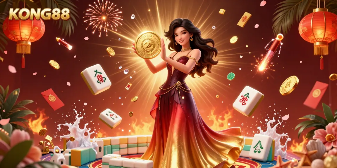 KONG88 gaming scene showcasing a stunning woman with golden coins amidst a vibrant casino atmosphere.