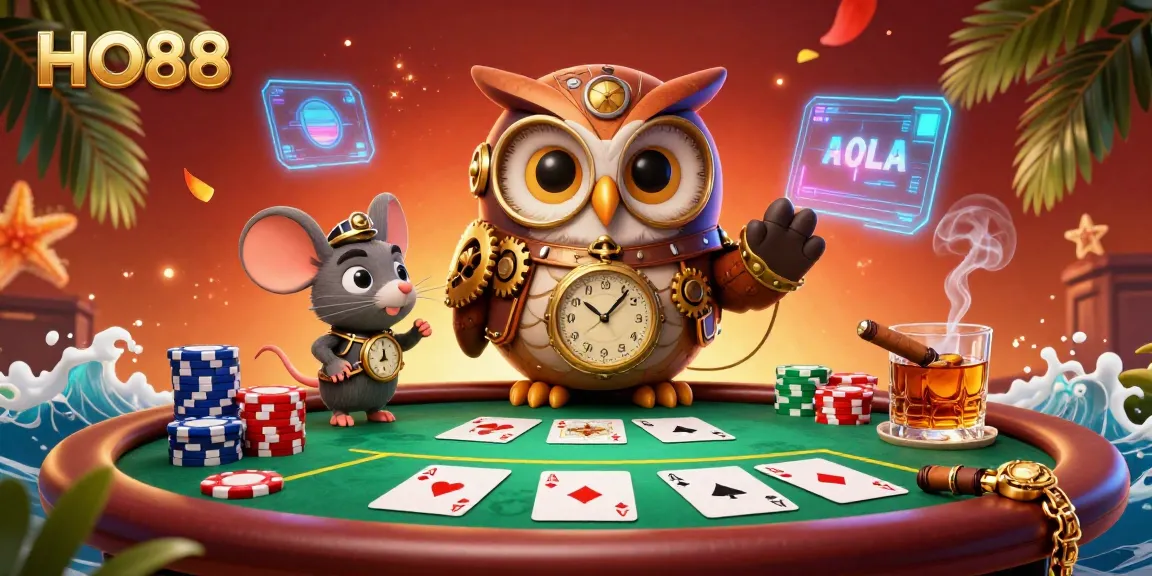 Engage with the exciting world of HO88, featuring vibrant casino elements and playful characters in a lively 3D scene.