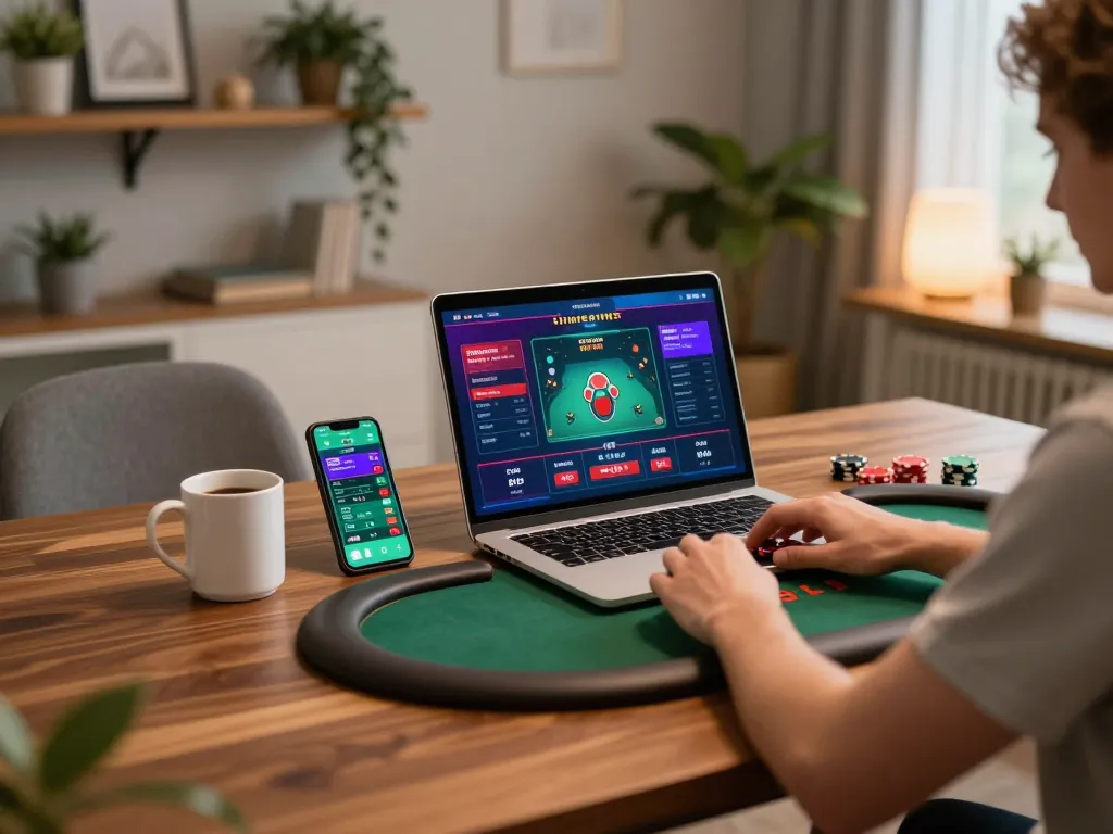 Engaging online poker experience at home with mk8 platform on laptop and smartphone.