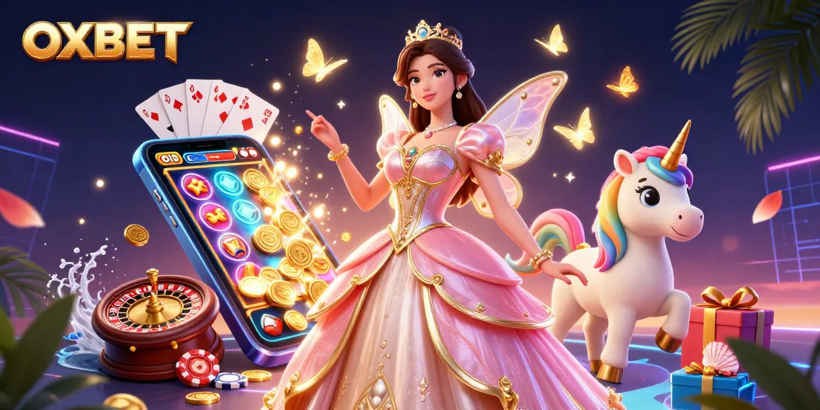 Experience OXBET excitement with vivid illustrations featuring slots, games, and engaging characters.