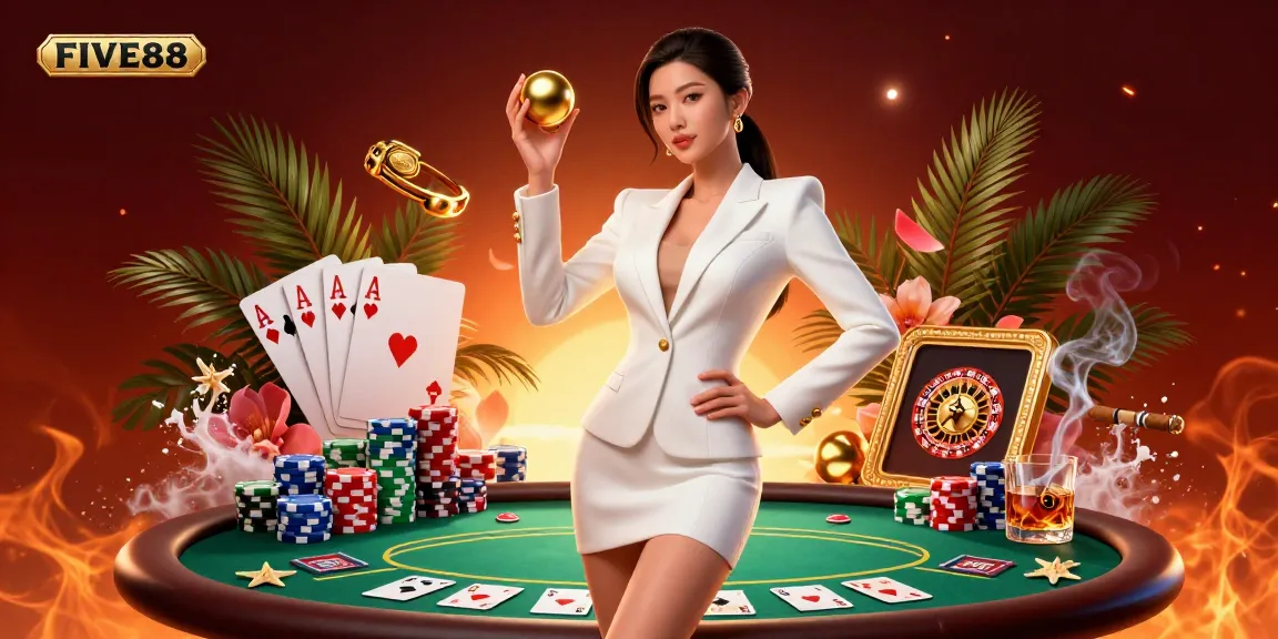 Experience thrilling gameplay at FIVE88 with luxurious casino elements in a stunning 3D illustration.