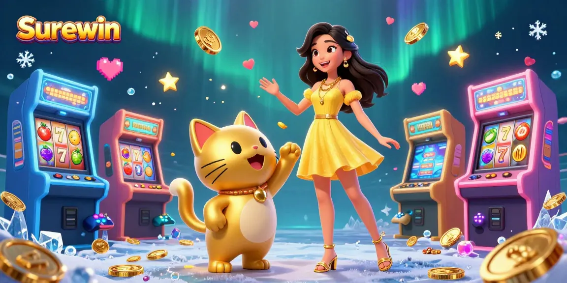 Engage with the vibrant Surewin Casino scene featuring a joyful Asian woman and lucky cat.