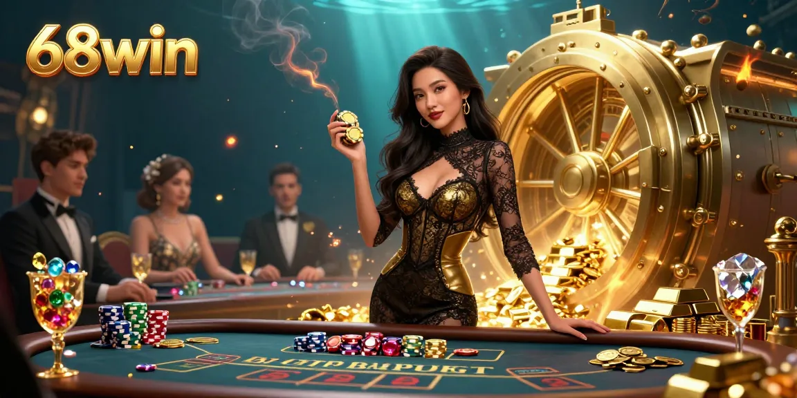 Bet on excitement at 68win, featuring a stunning baccarat scene with golden casino rewards.