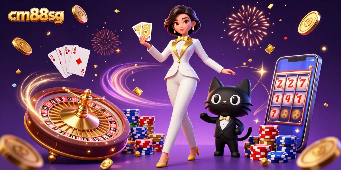 Experience thrilling casino action with cm88sg; vibrant scene of blackjack, poker chips, and golden coins.