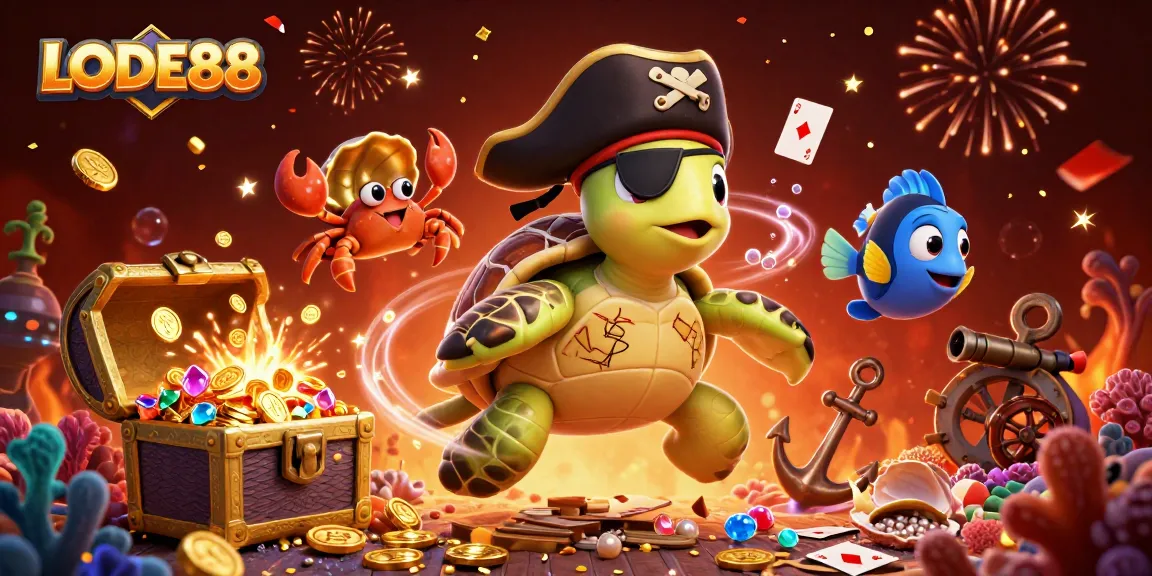 Join the excitement at LODE88 with a vibrant underwater casino scene featuring a pirate turtle and treasure!