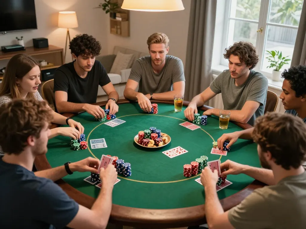 Friends enjoying an exciting poker game at home, embodying the essence of trang chủ au88's entertainment.