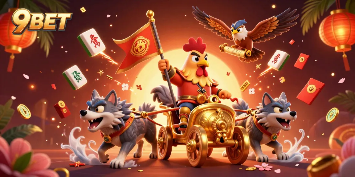 Experience the excitement of 9BET with dynamic elements and casino action featuring winning symbols and festive decorations.