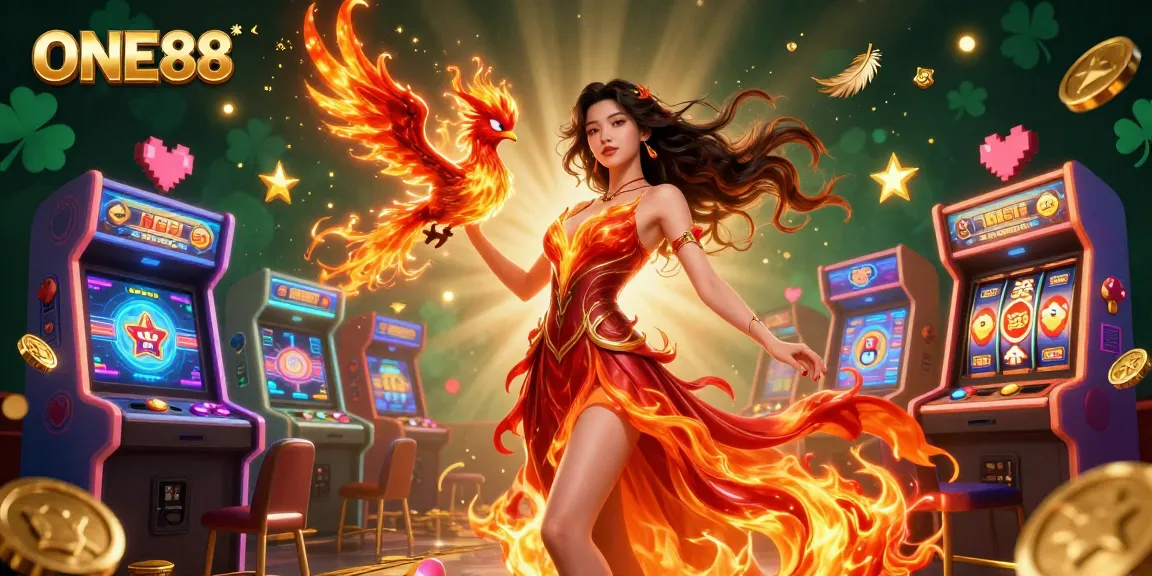 Engage with ONE88's vibrant casino world featuring an Asian woman in a fiery gown and gaming elements.