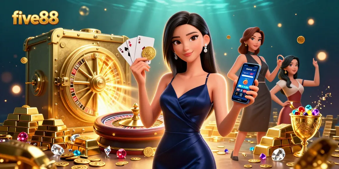 Engage with five88 through an immersive casino experience featuring a stunning woman and golden gems.