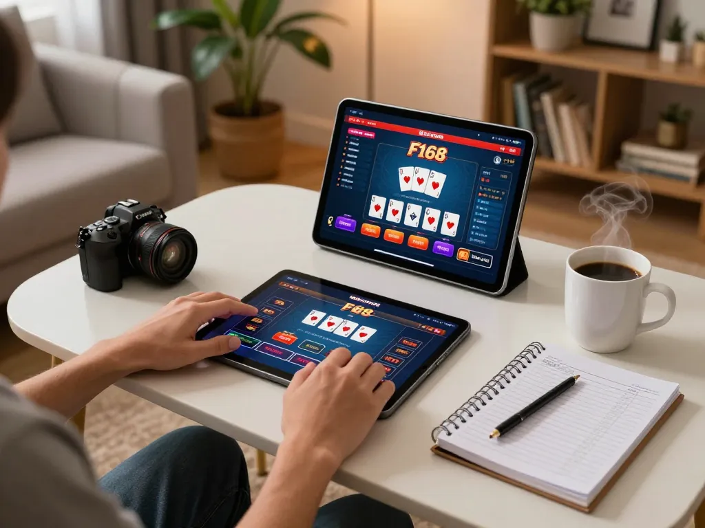 Engaging user playing F168 nhà cái on tablet at home, showcasing online casino excitement and strategy