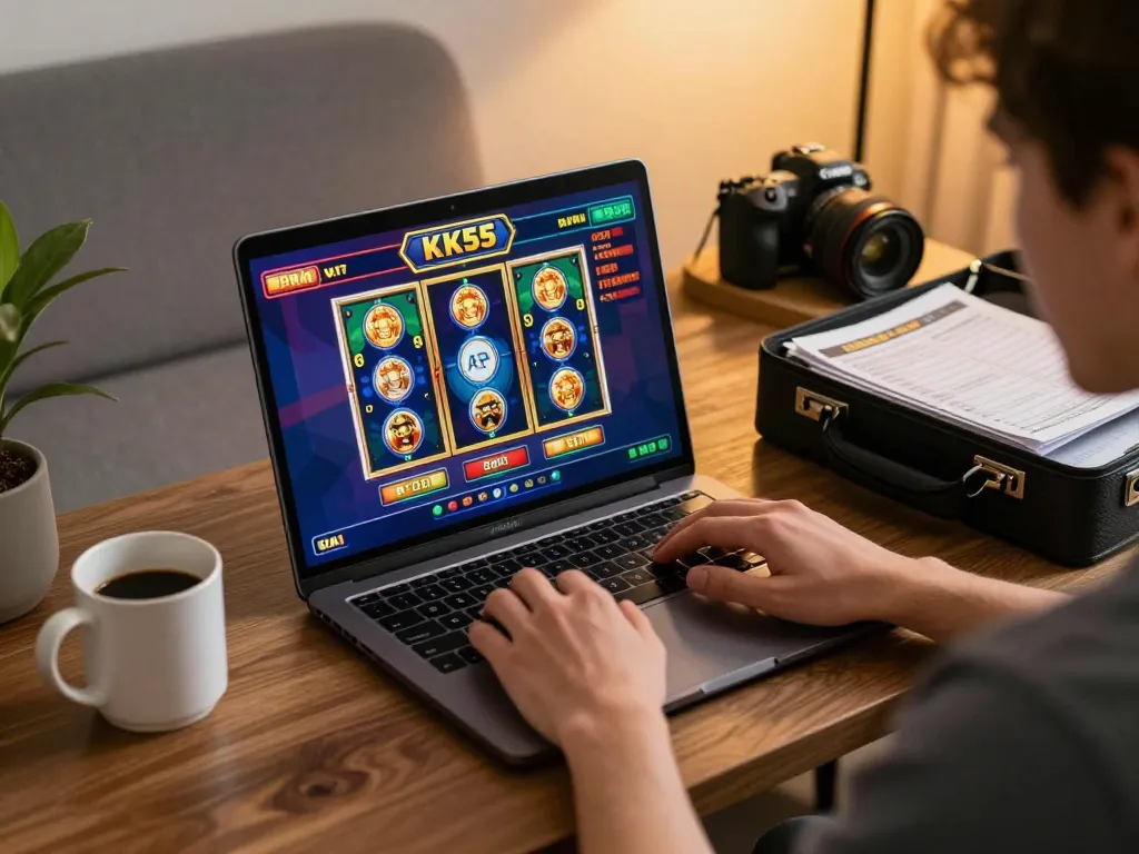Engaged player using KK55 for online casino gaming, showcasing vibrant slots interface and strategic notes.