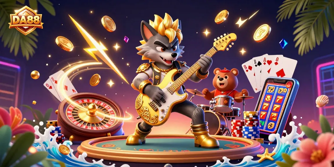 Engage in the DA88 casino experience with a vibrant rock star wolf and drummer bear amidst dynamic gaming elements.