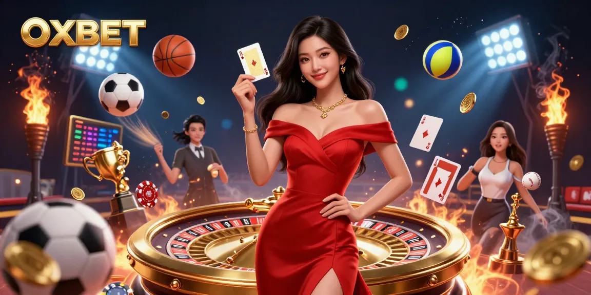 Experience the excitement of OXBET with beautiful imagery of dynamic sports and casino elements in a vibrant setting.