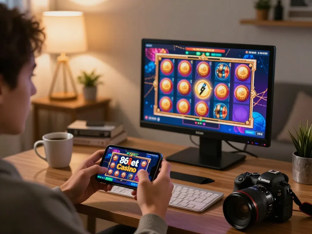 Engaging with the 86bet mobile casino app in a cozy living room setting, showcasing a vibrant gaming experience.
