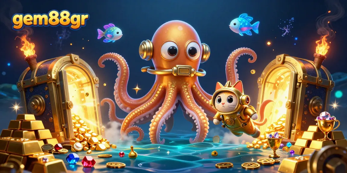 Experience thrilling gameplay with gem88gr, featuring a kraken, diving cat, and treasure in a vibrant illustration.