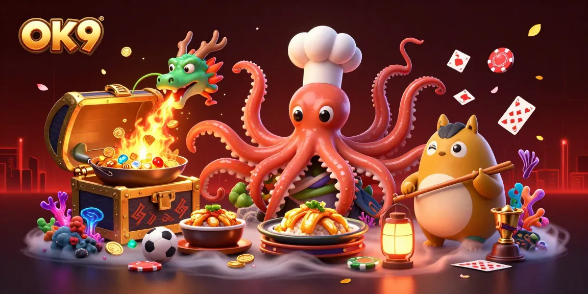 Engage with OK9's vibrant casino world featuring characters and dynamic gaming elements.