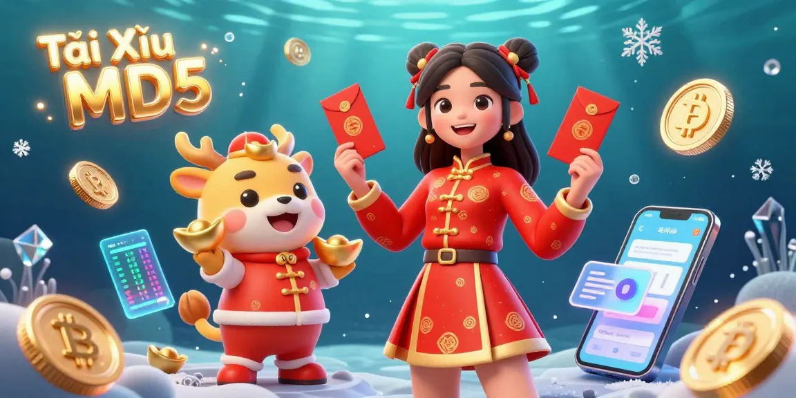 Tài Xỉu MD5 showcases an engaging scene with vibrant characters celebrating, surrounded by dynamic gambling elements and cryptocurrencies.