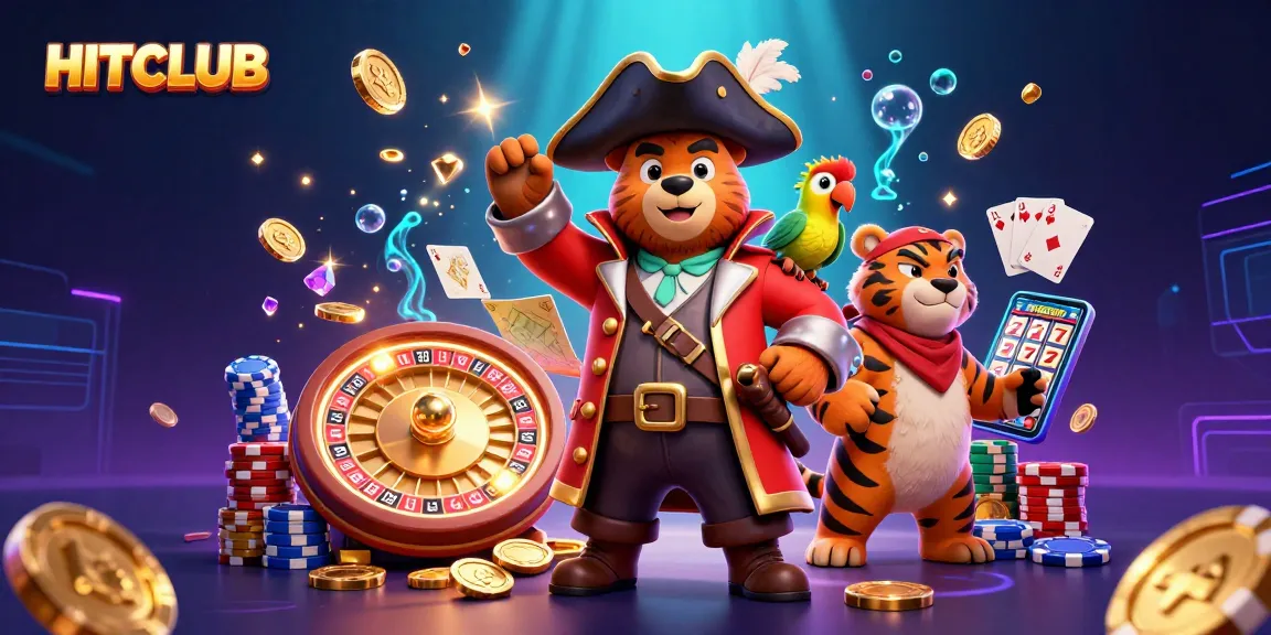 HITCLUB features a pirate bear and tiger amidst a rich casino scene with spinning roulette and poker chips.
