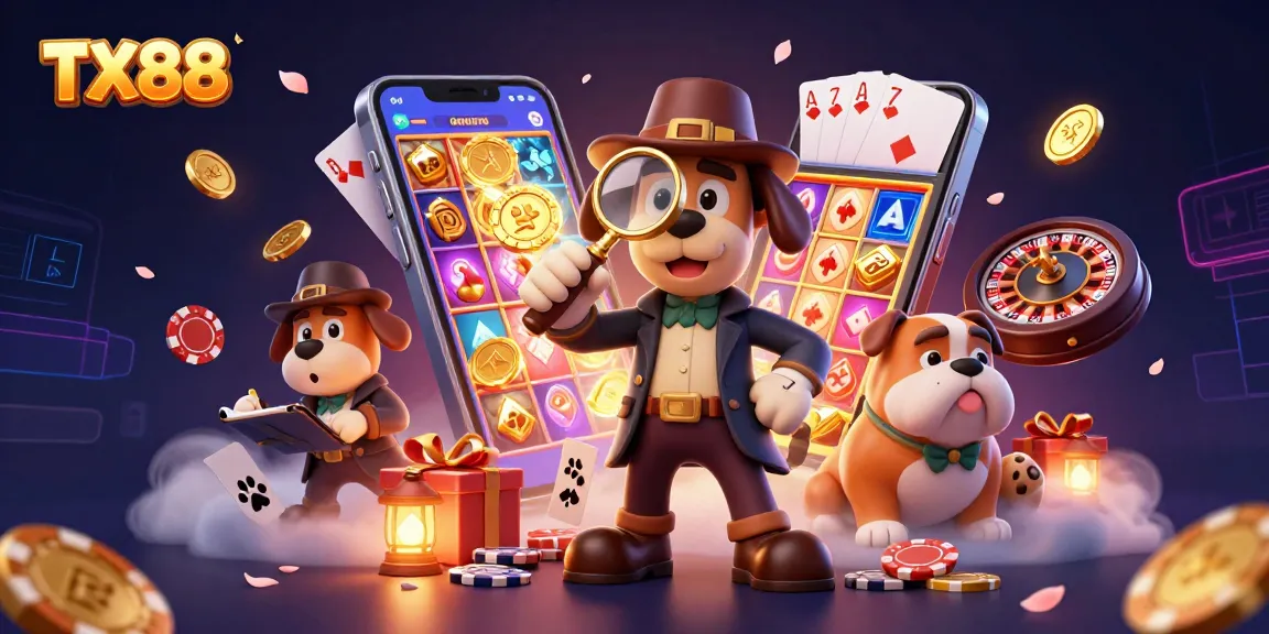 Engage with TX88 casino action featuring a detective uncovering winning clues amid vibrant gaming elements.