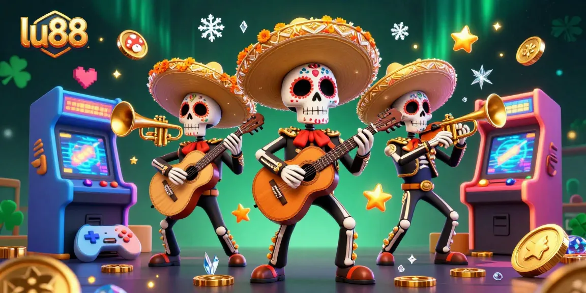 Experience the vibrant action at lu88 with a lively 3D mariachi band amidst colorful gaming elements.