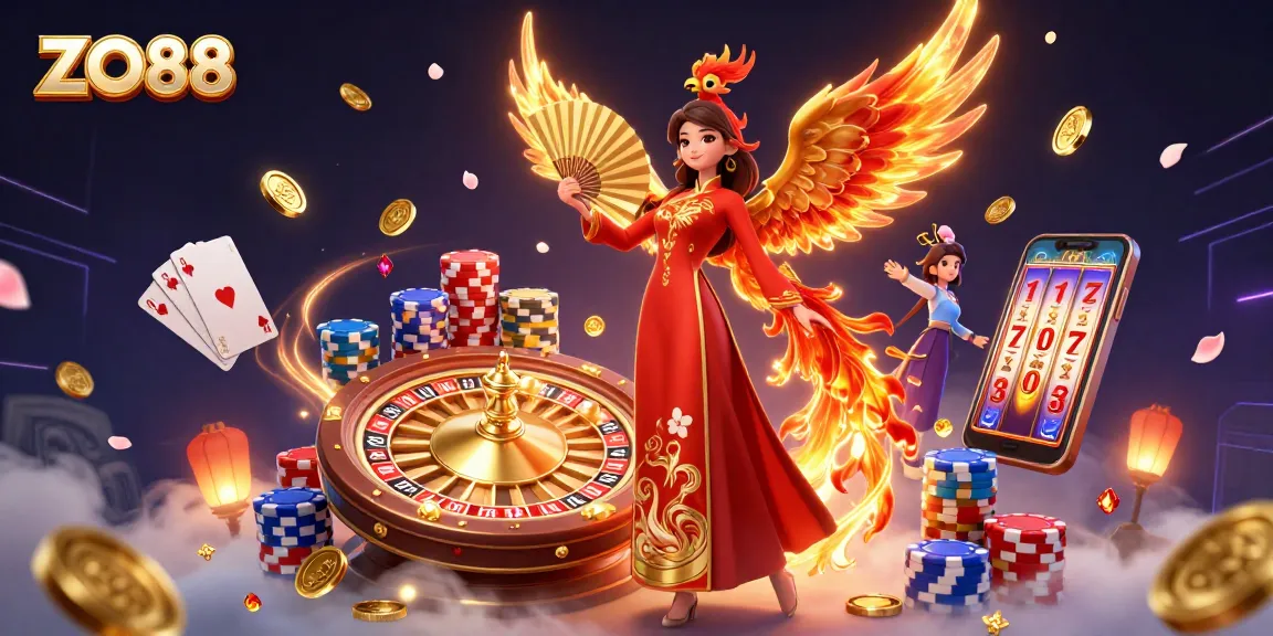 Experience the excitement with ZO88 casino games featuring stunning visuals of dynamic characters and vibrant casino elements.