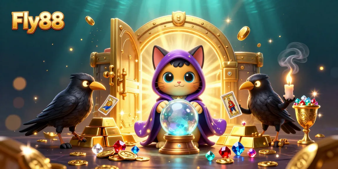 Engage with Fly88’s thrilling gaming adventure with a mystical 3D scene filled with treasures and fortune.