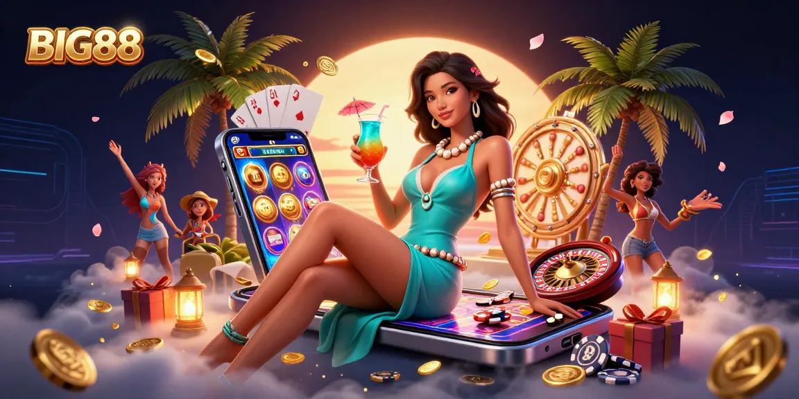 Experience thrilling wins with BIG88 in an enchanting casino scene filled with dynamic slot games and festive decorations.