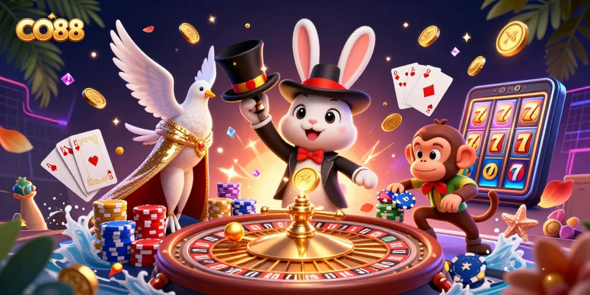 Experience thrilling wins with CO88 in this vibrant casino scene full of joyful elements.