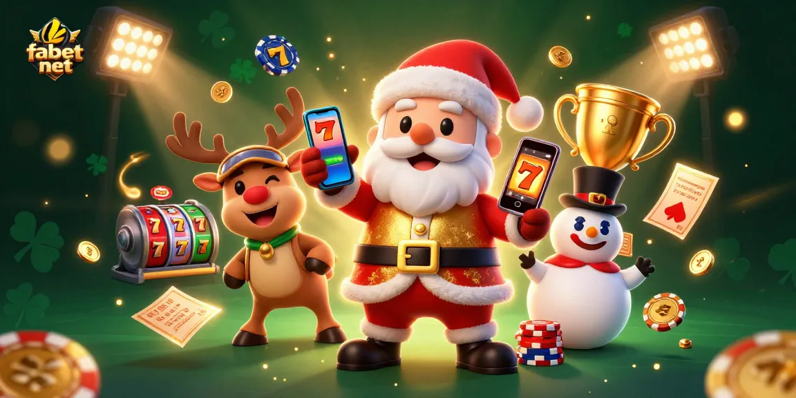 Win big with fabet net in this vibrant casino scene featuring Santa, reindeer, and fun game elements.