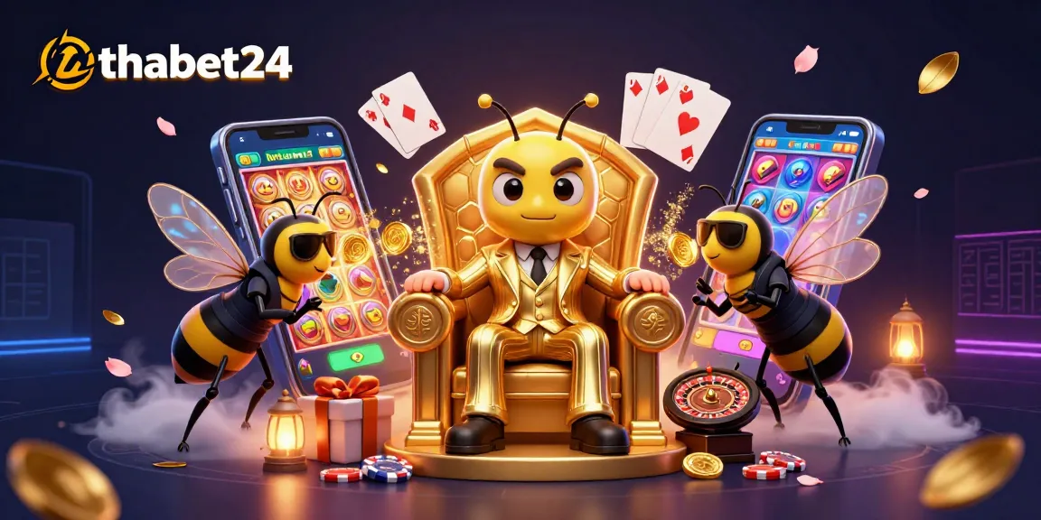 Experience thrilling gaming with thabet24 featuring a cartoon bee mob boss and slot game elements.