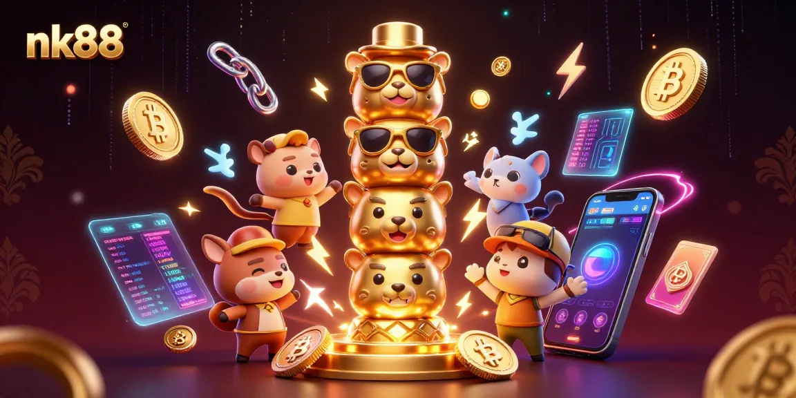 Engage with the vibrant nk88 casino scene showcasing playful characters and exciting crypto elements in dynamic action.