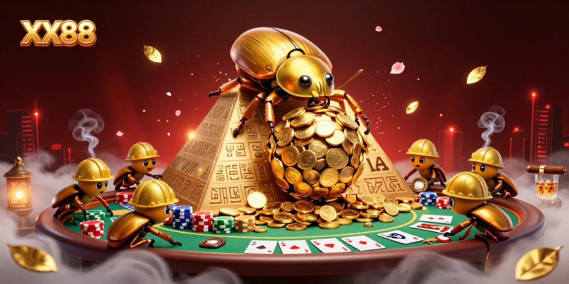 Engage with the thrilling world of XX88, featuring a golden beetle rolling coins in a vibrant casino scene.