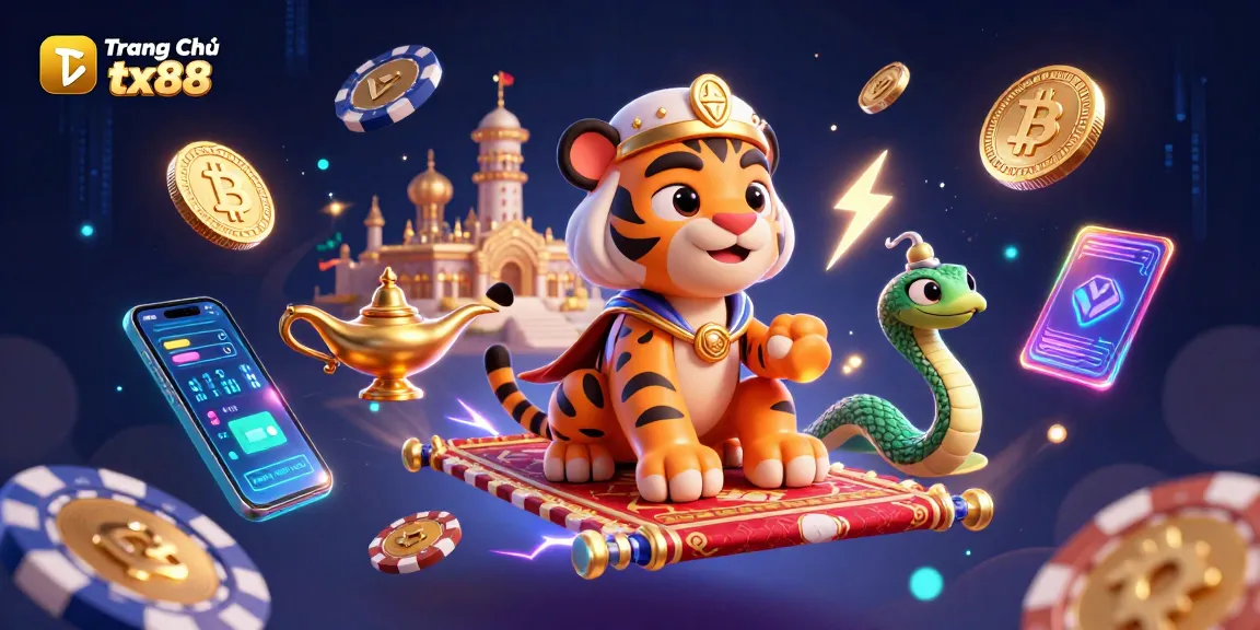 Experience dazzling wins at Trang Chủ tx88 with a 3D cartoon sultan on a magical carpet surrounded by crypto elements and casino themes.