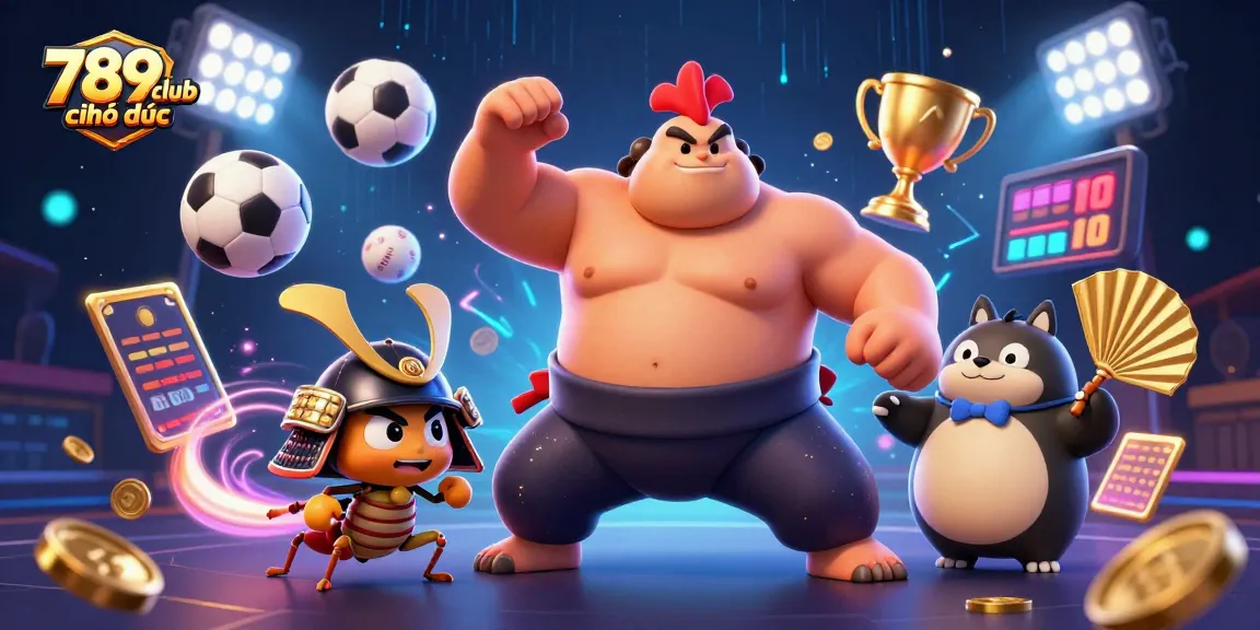 Engage with the thrilling atmosphere of 789club chính thức, featuring a powerful sumo rooster, a fierce samurai cricket, and a tanuki announcer in a lively casino scene.