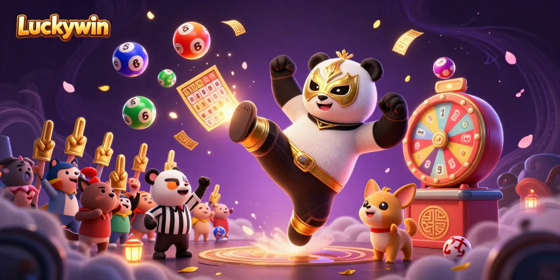 Experience the excitement of Luckywin with a captivating 3D scene featuring a panda in action and dynamic gambling elements.