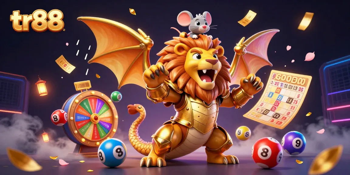 Experience thrilling entertainment with tr88's dynamic illustration of a roaring chimera and vibrant lottery elements.