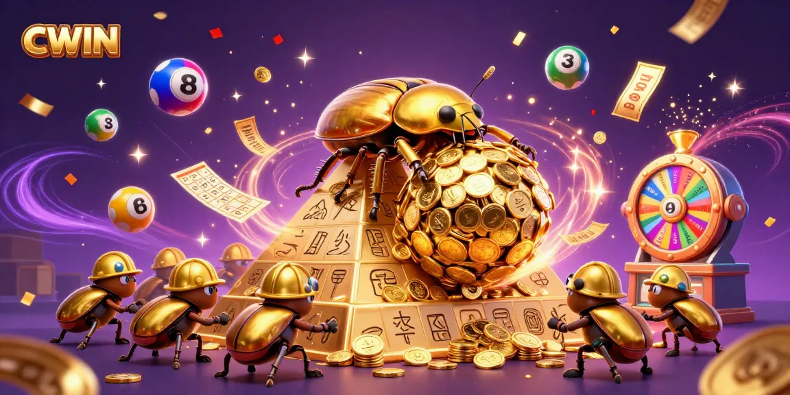CWIN showcases a vibrant scene of golden beetles transporting wealth, representing the excitement of gaming.