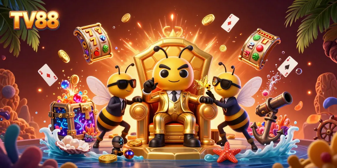 TV88 showcases a vibrant casino scene with a cartoon bumblebee mob boss amid slot reels and gold coins.
