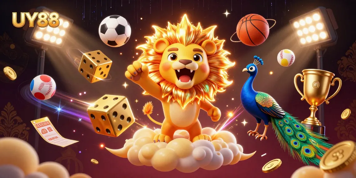 Experience thrilling gameplay at UY88 with a vibrant casino scene featuring sports balls and animated characters.