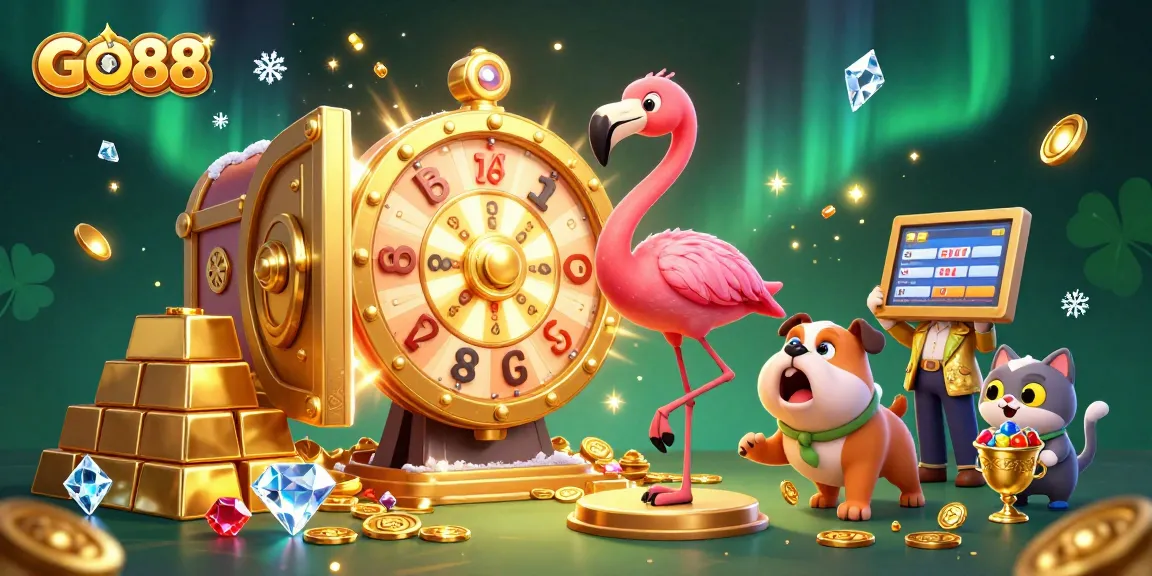 Spin the GO88 prize wheel with excitement while encountering treasures in a vibrant casino scene.